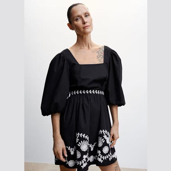 🖤 MANGO Puff Sleeve Mini Dress NWT | Embroidered Cotton Bow Back 6 - Picture 3 of 14